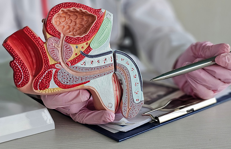 Urologist using a human anatomy model during a patient consultation.